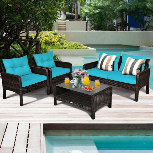 4-Piece Wicker Patio Conversation Set Rattan Sofa Set with Turquoise Cushions and Coffee Table