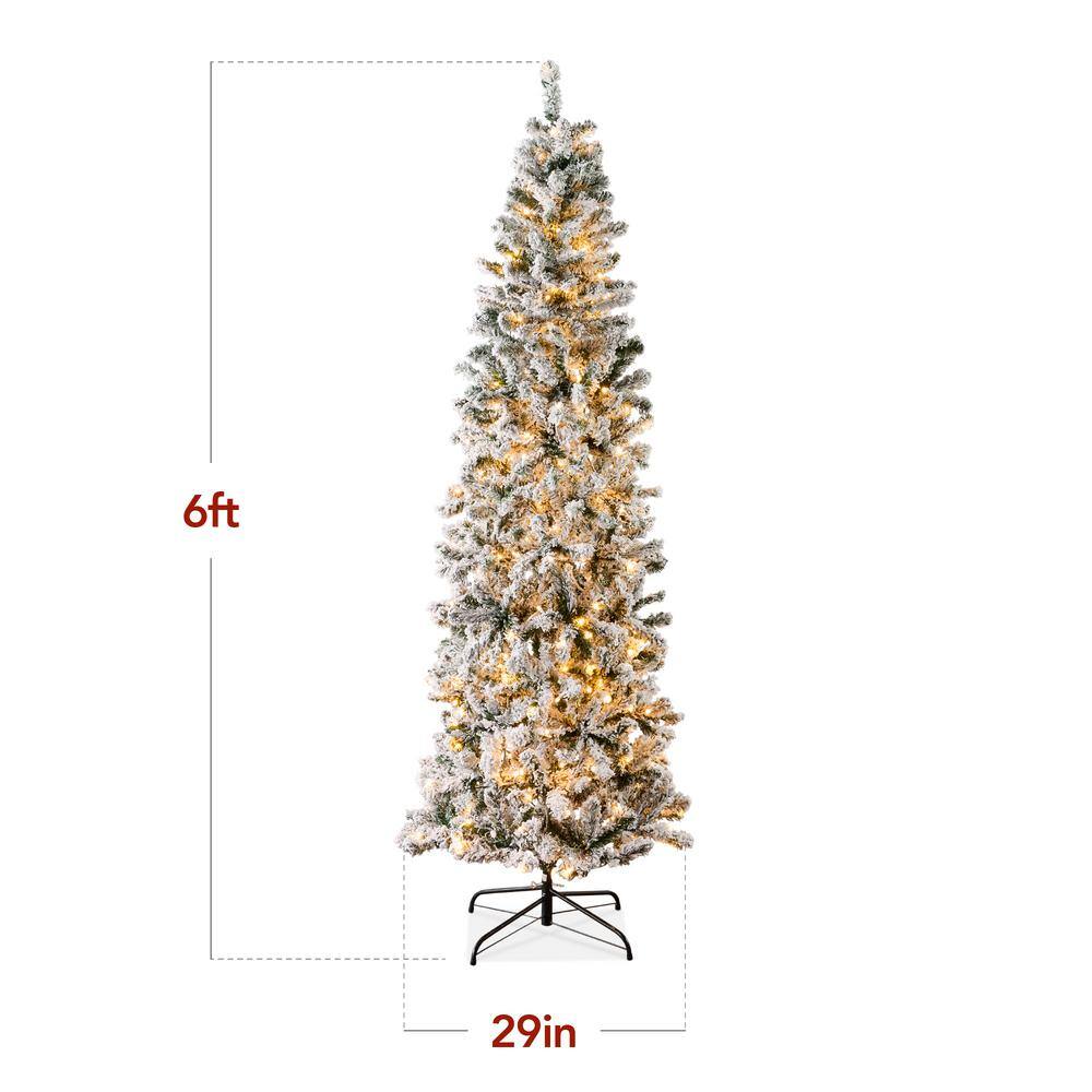 6ft White Snow-Flocked Pre-Lit Pencil Christmas Tree with PVC Branches