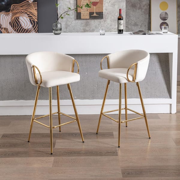 Gold Metal Outdoor Bar Stool with Cream Cushions, Chrome Footrest