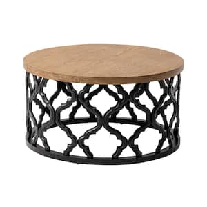 16 in. H x 30 in. L x 30 in. D Windfield Natural and Black Round Wood Coffee Table with Frame Base