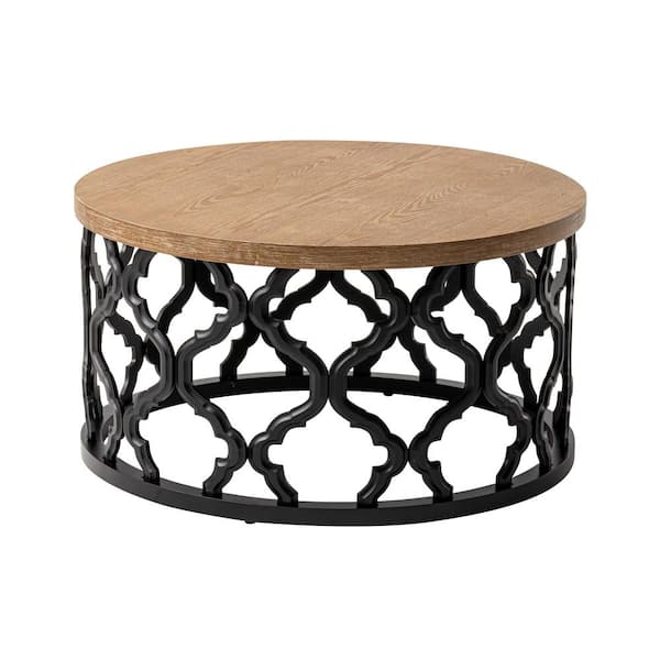 FUIN 16 in. H x 30 in. L x 30 in. D Windfield Natural and Black Round Wood Coffee Table with Frame Base