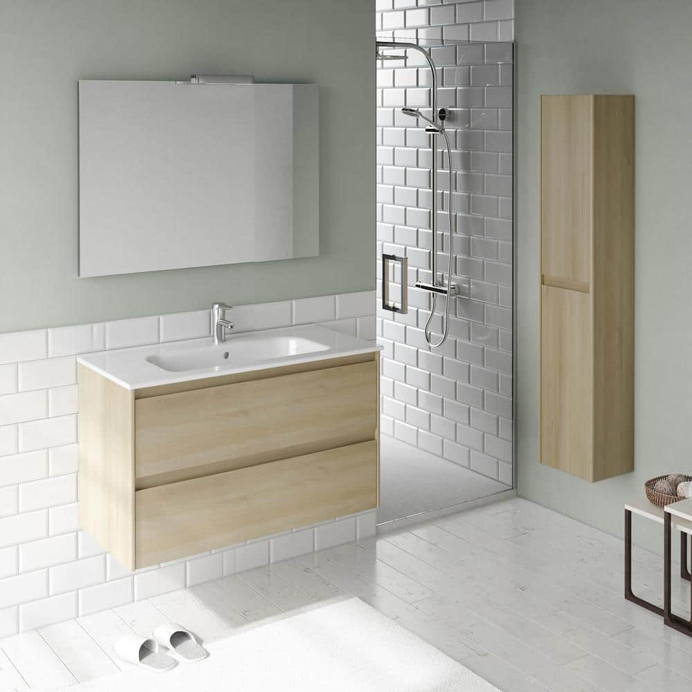 Nordic Oak Floating Single Sink Vanity with Brass Accents