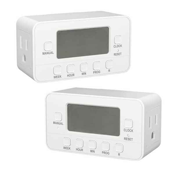 7-Day Heavy Duty Digital Timer with Dual Outlet, LCD Display & 3-Prong Programmable in White (2 Pack)