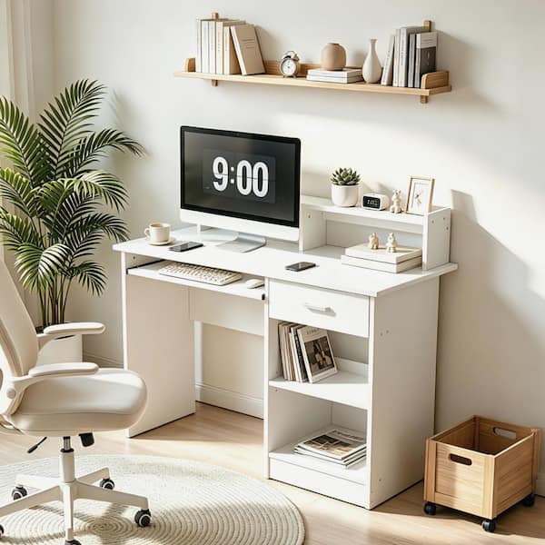 43.3 in. Modern Wood White Computer Desk with Drawer Storage and Keyboard Tray for Home Office