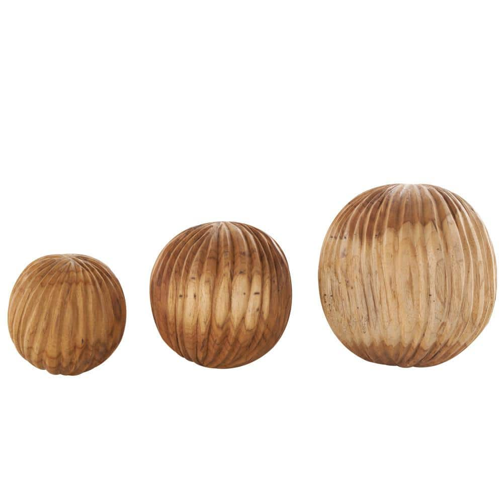 Litton Lane Brown Handmade Teak Wood Carved Textured Orbs And Vase Filler With Ridges Pack