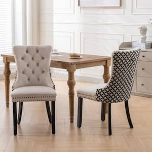 Beige and Black Velvet High Back Dining Chairs with Wood Legs Nailhead Set of 2