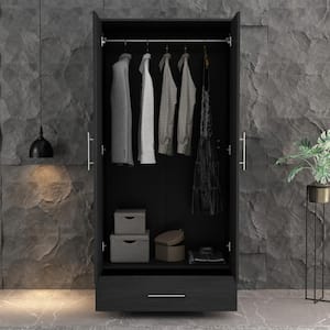 Black 2-Door Wardrobe Armoire with 1-Drawers and Hanging Rod 66.9 in. H x 31.5 in. W x 18.9 in. D