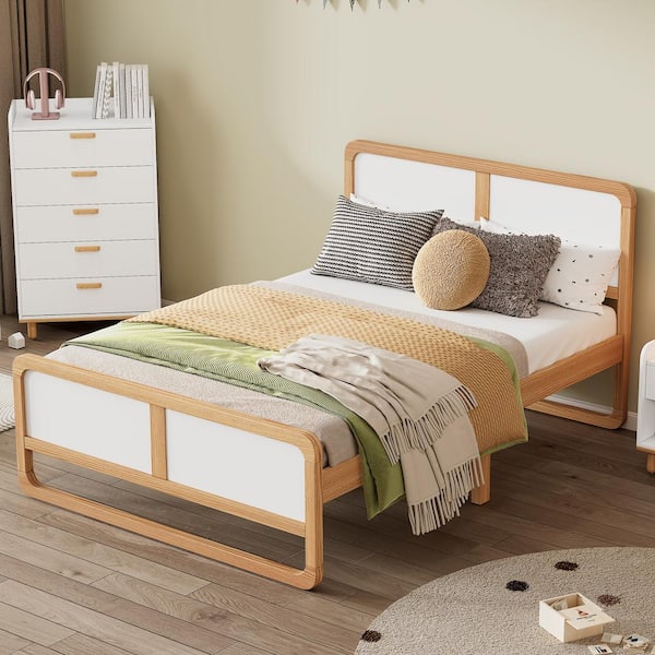 Modern Style White Wood Frame Full Size Platform Bed with Natural Finish, Solid Legs