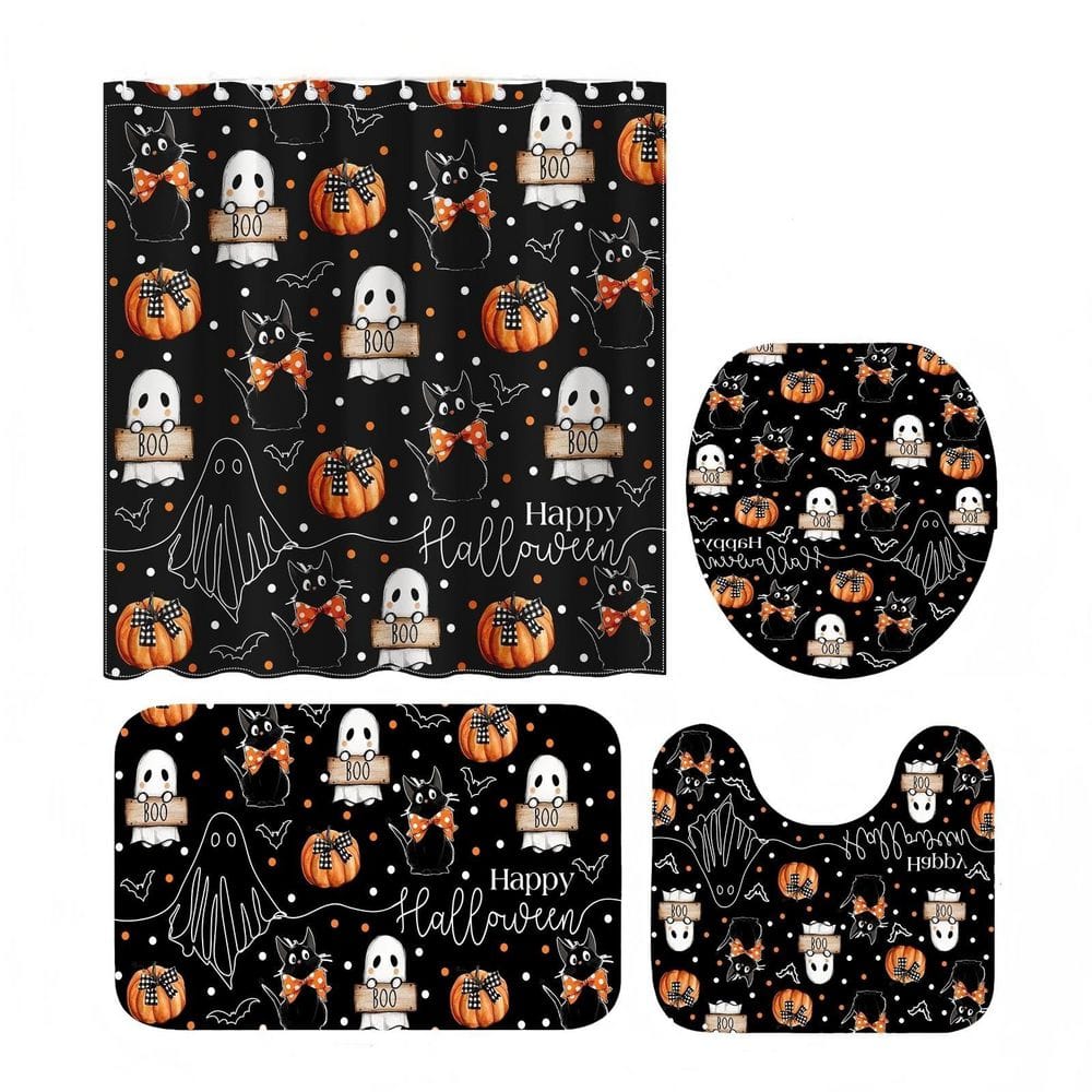 71 in. W x 71 in. L Polyester Halloween Shower Curtain Set for Bathroom, Cute Ghost Cat Pumpkin Bathroom Set in Black price history on PriceWatchPro