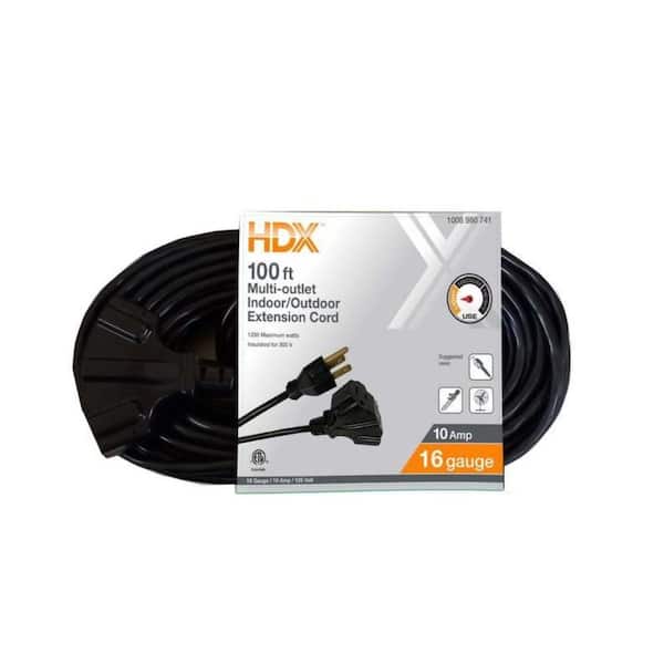 100 ft. 16/3 Light Duty Indoor/Outdoor Extension Cord with Multiple Outlet Triple Tap End, Black