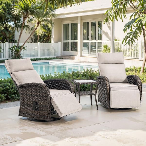 Comfort Collection 3-Piece Wicker Versatile Pneumatic Swivel Outdoor Rocking Chair with CushionGuard Beige Cushions