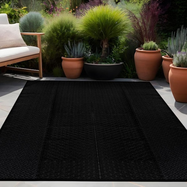 Black 9 ft. x 12 ft. Jewel Diamond Geometric Washable Trellis Reversible Indoor Outdoor Area Rug