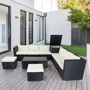 Black 8-Piece Wicker Patio Conversation Set with Beige Cushions and Storage Box