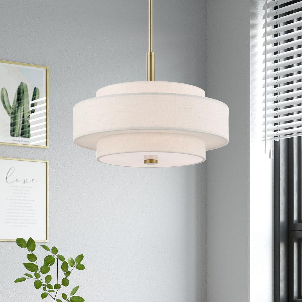 Mini Monroe Antique Brass 4-Light Drum Pendant with Oatmeal Shade