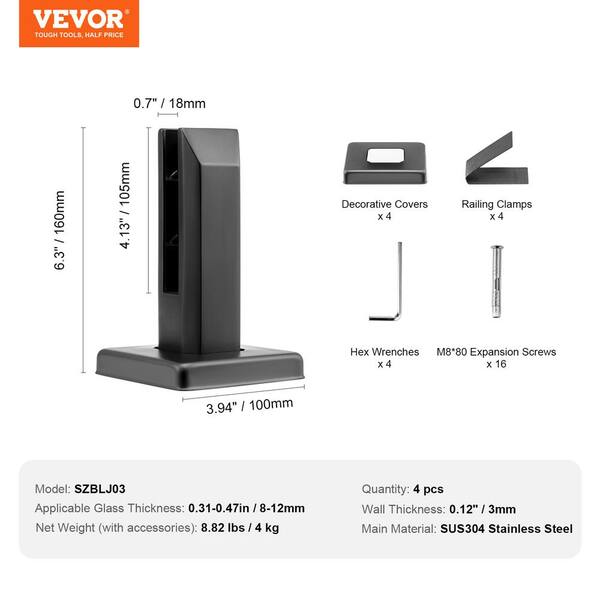 VEVOR Glass Clamp 4-Piece Railing Bracket 6.3 in. H x 4 in. W Black 304 Stainless Steel for 0.31 to 0.47 in. Stair Railing Kit