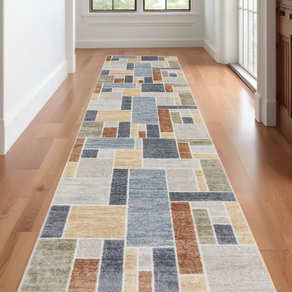 2 X 12 Blue Geometric WashableArea RugRunner Rug