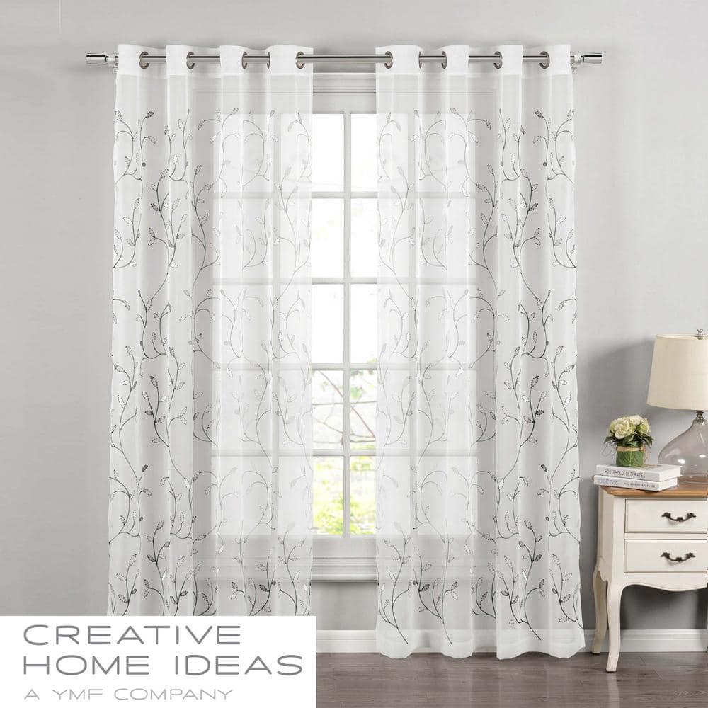 Silver Grey Sheer Embroidered Grommet Curtain Panel 54" x 84"