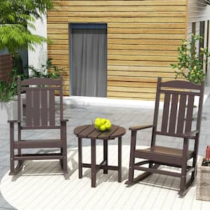 Laguna 3-Piece Classic Outdoor Patio Fade Resistant Plastic Rocking Chairs and Round  Side Table Set in Dark Brown