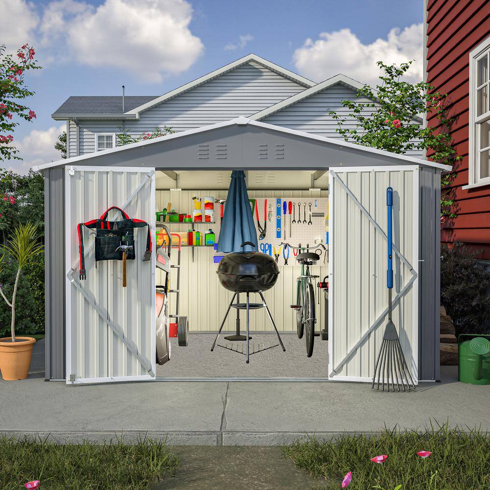 10' x 8' Gray Metal Double Door Storage Shed