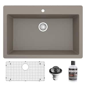 33 in. Large Single Bowl Drop-In Kitchen Sink in Concrete with Bottom Grid and Strainer