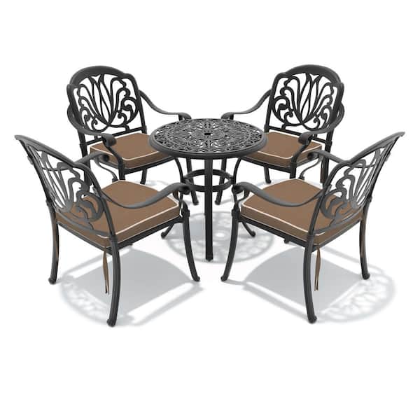 5-Piece Black Cast Aluminum Outdoor Dining Set with Brown Cushions