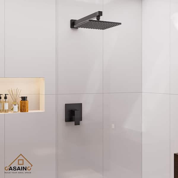 Single-Handle 1-Spray Pattern 10 in. with 1.8 GPM Wall Mount Square Shower Faucet in Matte Black (Valve Included)