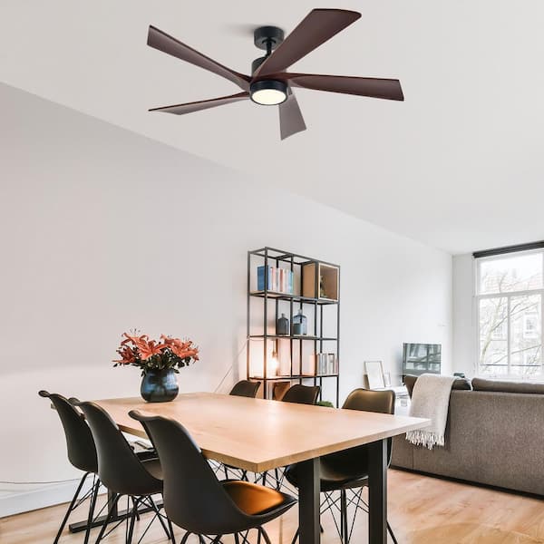 52 in. 5-Blade Indoor Walnut Modern Standard Ceiling Fan with LED Light Solid Wood Blades