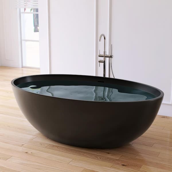 MEDUNJESS Karita 67 in. x 39 in. Stone Resin Solid Surface Flatbottom Freestanding Soaking Bathtub in Black