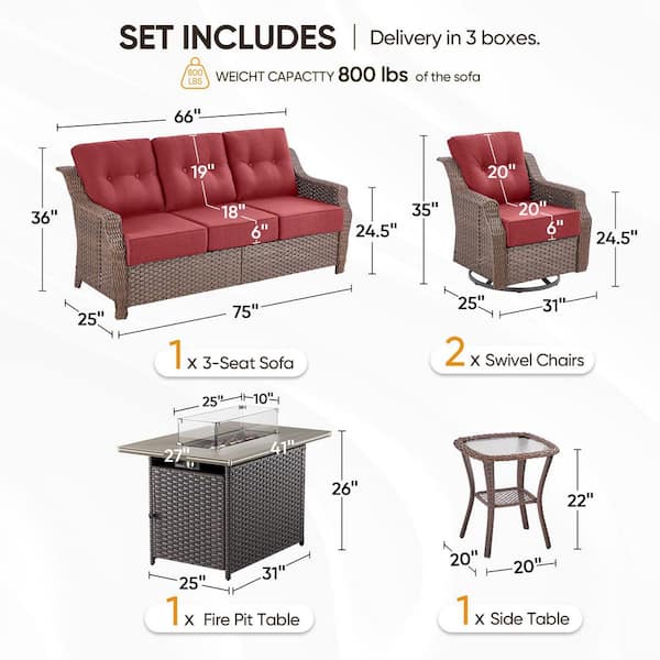 Modern Farmhouse 5-Piece Brown Wicker Fire Pit Conversation Set with 6 in. Red Cushions and Patio Swivel Chairs
