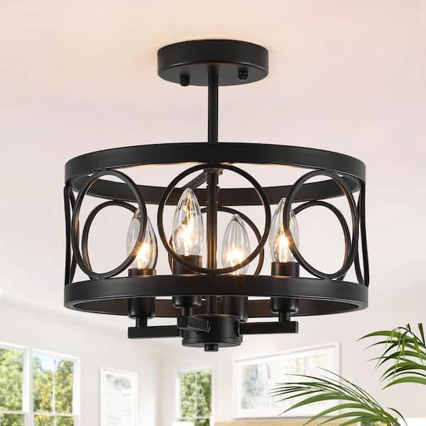 12.59 in. 4-Light Black Industrial Semi-Flush Mount Ceiling Light Farmhouse Drum Style Lighting Fixture