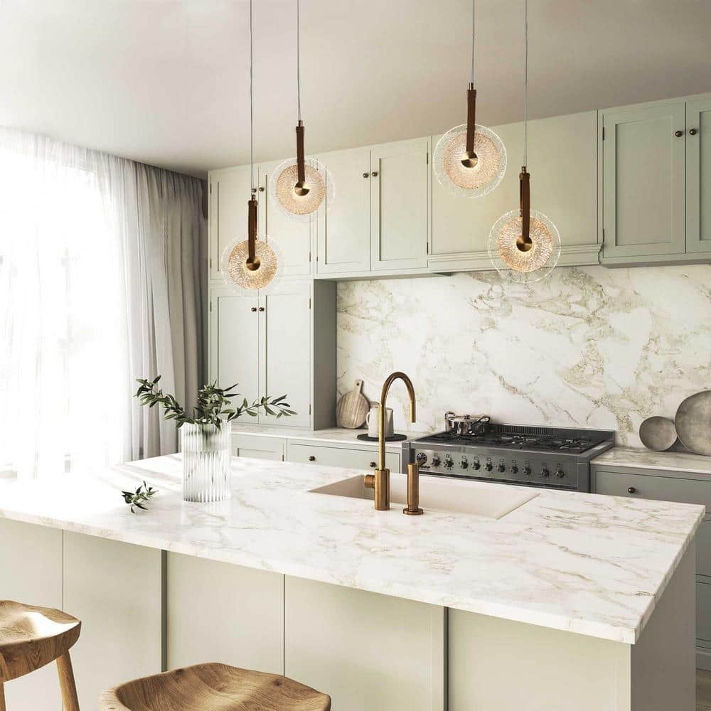 Gold and Clear Crystal LED Pendant Light with Brass Accents