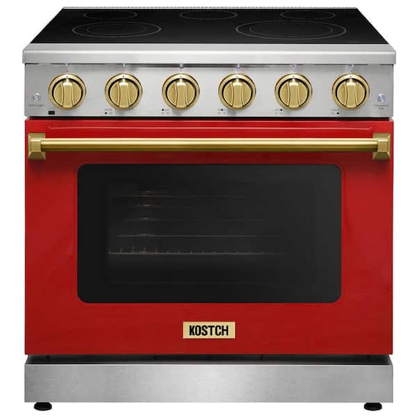 36 in. 5 Elements Freestanding Electric Range with 6.0 cu. ft. True Convection Oven in Red with Bronze Handles