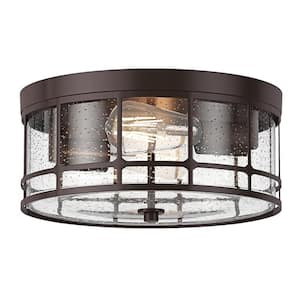 Industrial 12.59 in. 2-Light Oil Rubbed Bronze Farmhouse Flush Mount Ceiling Light with Seeded Glass Shade