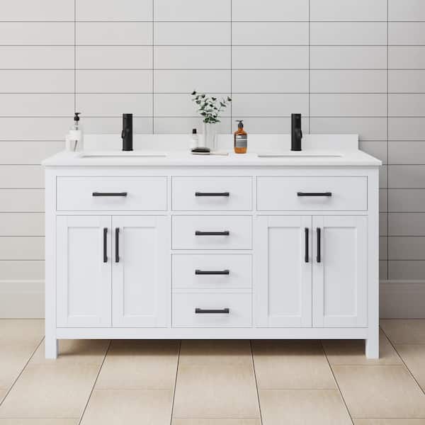 Wyndham Collection Beckett 60 in. W x 22 in. D x 35 in. H Double Sink Bath Vanity in White with White Cultured Marble Top
