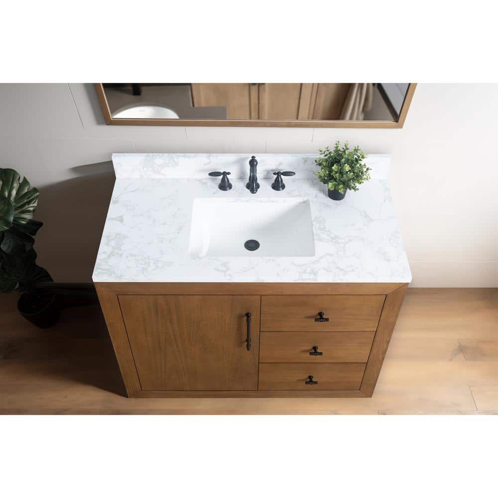 42" Tan Poplar Wood Single Bathroom Vanity with Marble Top