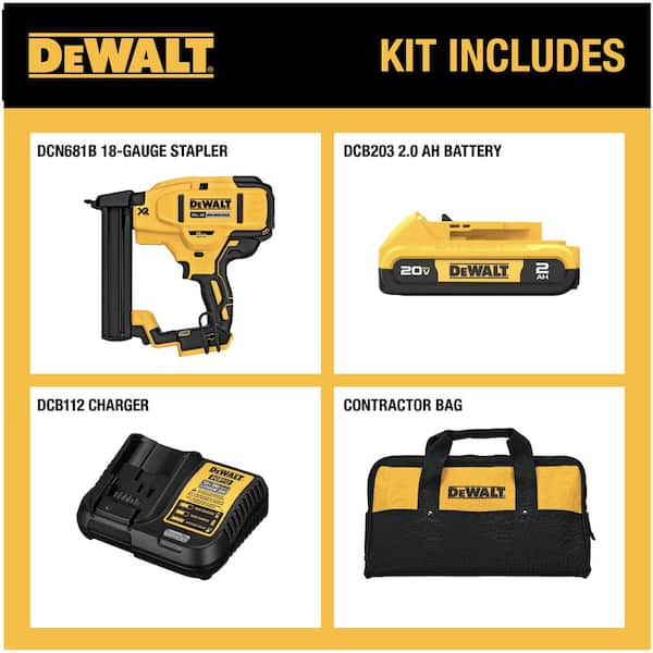 20V MAX XR Lithium-Ion Cordless 18-Gauge Narrow Crown Stapler Kit with 2.0Ah Battery, Charger and Contractor Bag