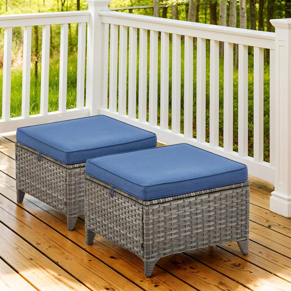 Gray Wicker Outdoor Ottoman with Blue Cushions (2-Pack)