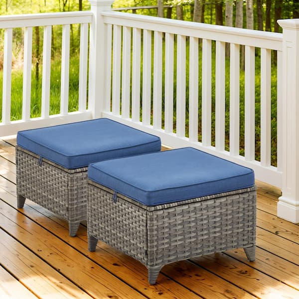 Gray Wicker Outdoor Ottoman with Blue Cushions (2-Pack)