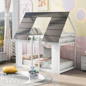 White House Bunk Bed with Roof and Built-in Ladder