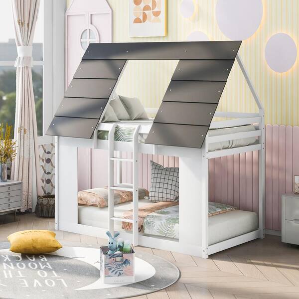 GOJANE White House Bunk Bed with Roof and Built-in Ladder