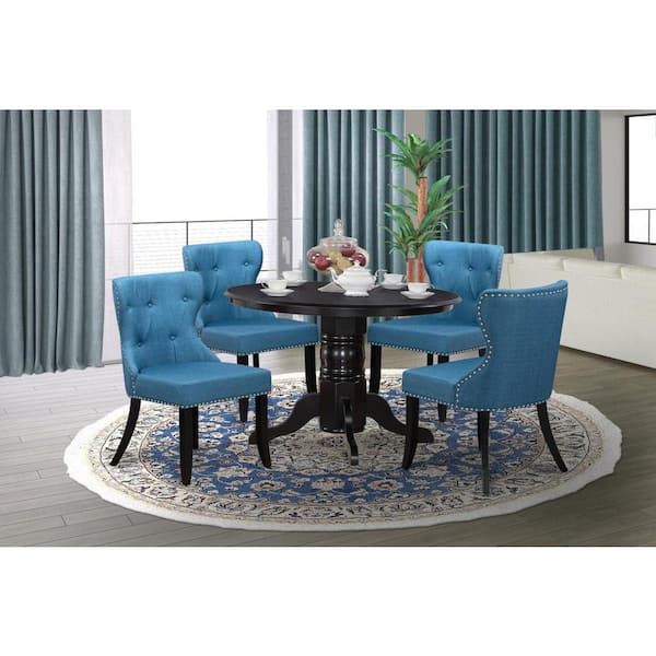 5-Piece Round Black Finish Solid Wood Top Dining table with 4 Chairs with Lattice Back