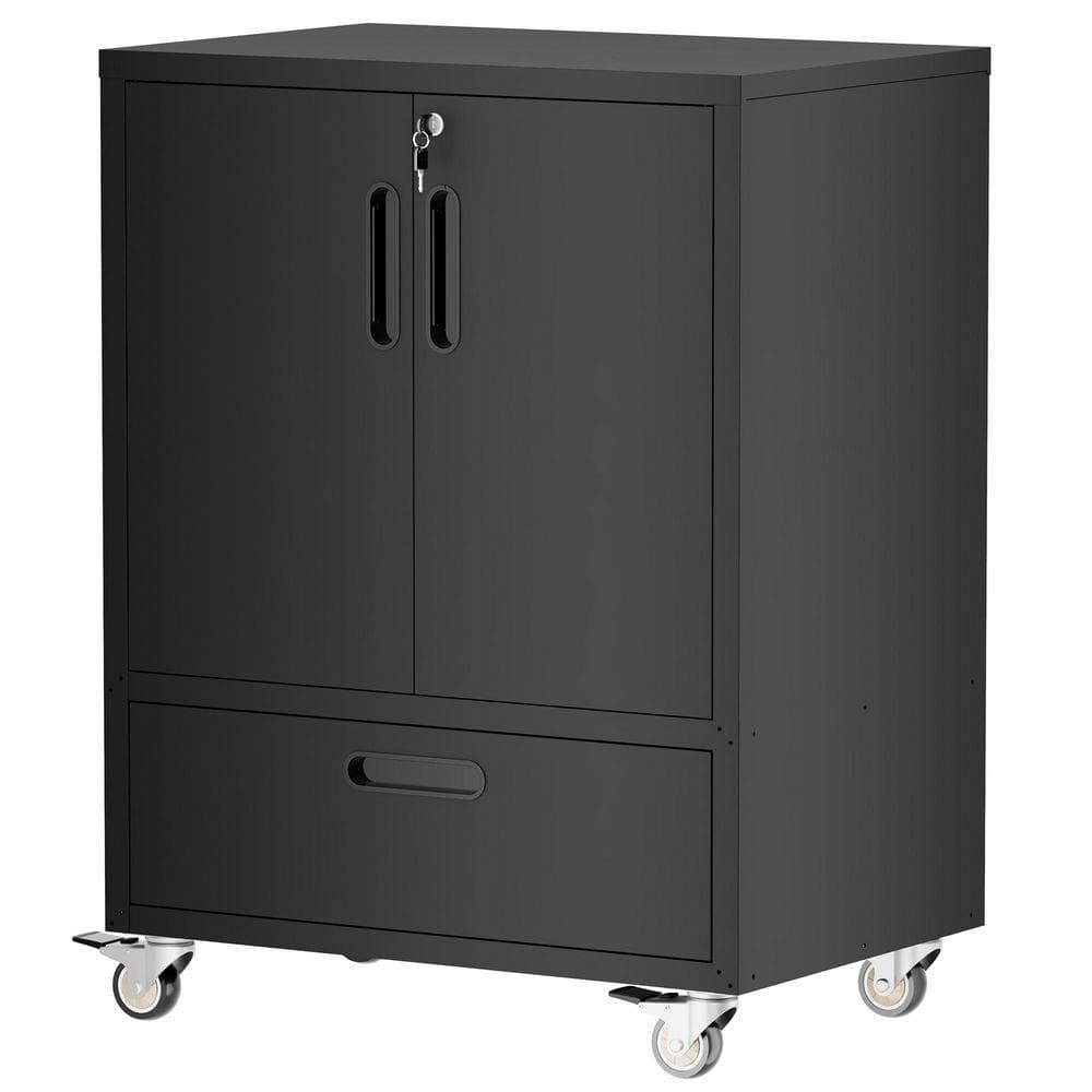 20.1 in. W 1-Drawer+1-Adujstable Shelf Black Garage Metal Sturdy Rolling Storage Tool Carts for Garages and Warehouses