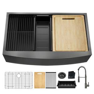 36 in. Gunmetal Black Stainless Steel Single Bowl Farmhouse Workstation Kitchen Sink with Black Faucet and Accessories