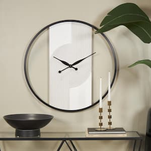 30 in. x 31 in. White Wood Art Deco Inspired Line Art Geometric Wall Clock with Black Accents