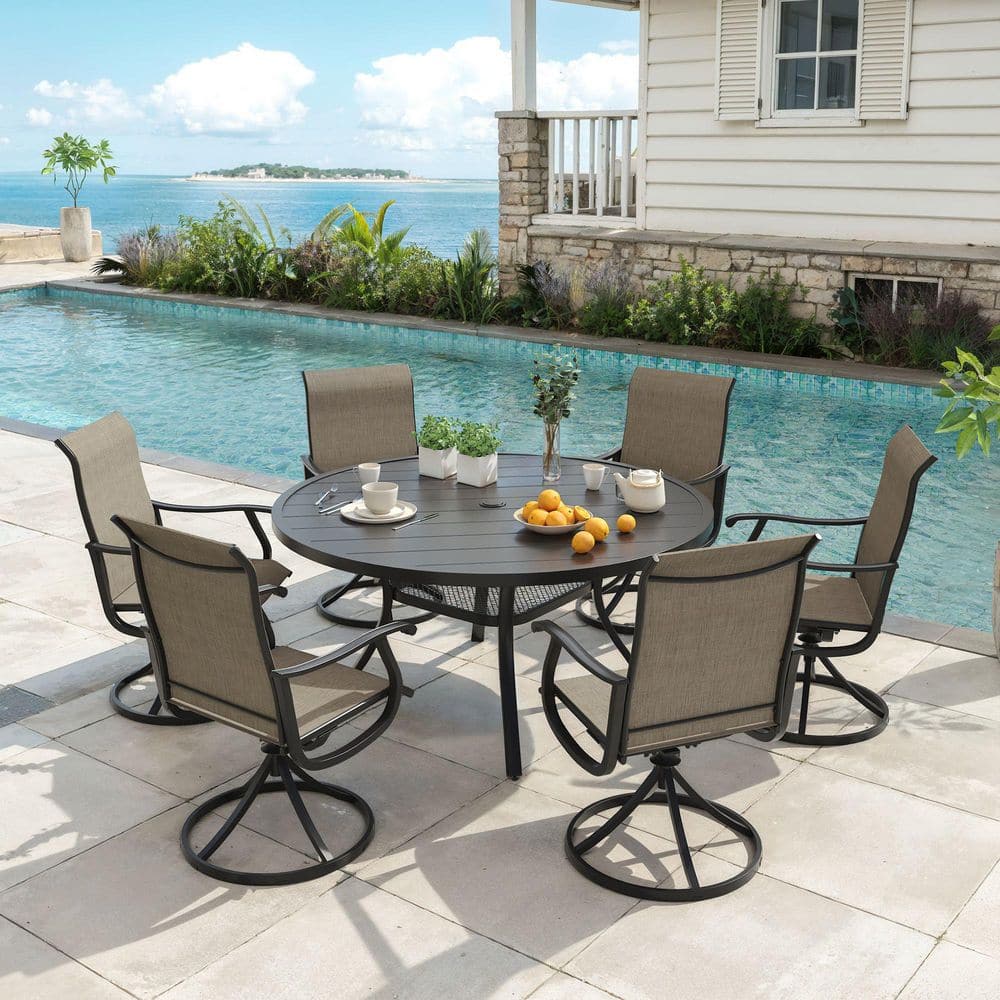7-Piece All-Weather Metal Outdoor Patio Dining Set with 47.2 in. Black Round Table and 6 Brown Textilene Swivel Chairs price history on PriceWatchPro
