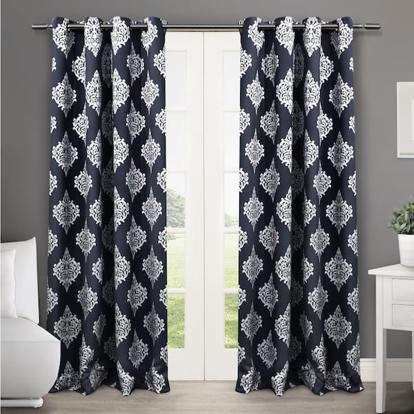 EXCLUSIVE HOME Medallion Peacoat Blue Medallion Woven Room Darkening Grommet Top Curtain, 52 in. W x 84 in. L (Set of 2)