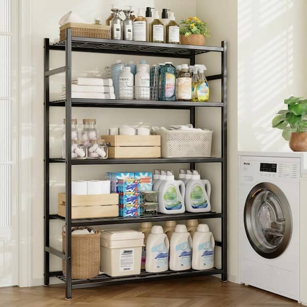 Black 36.4 in. W Heavy-Duty 5-Tier Metal Storage Shelf w/ Adjustable Feet for Garage, Kitchen Pantry Closet Organization
