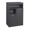 Gray shoe storage cabinet with one drawer and shelf on a white background.