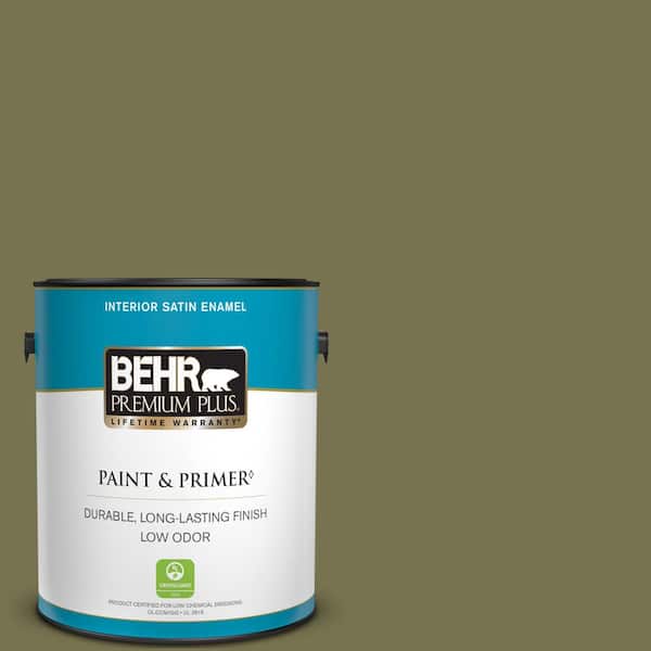 BEHR PREMIUM PLUS 1 gal. #S350-6 Truly Olive Satin Enamel Low Odor Interior Paint & Primer