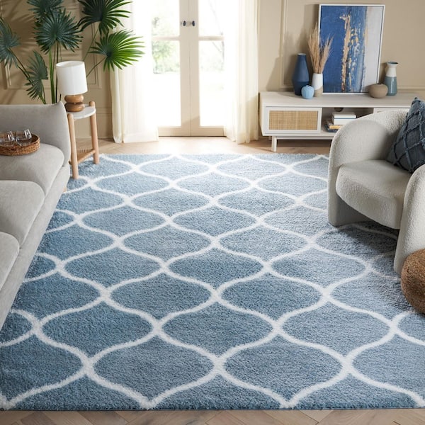 Tahoe Shag 9 ft. x 12 ft. Blue/White Trellis Modern Area Rug